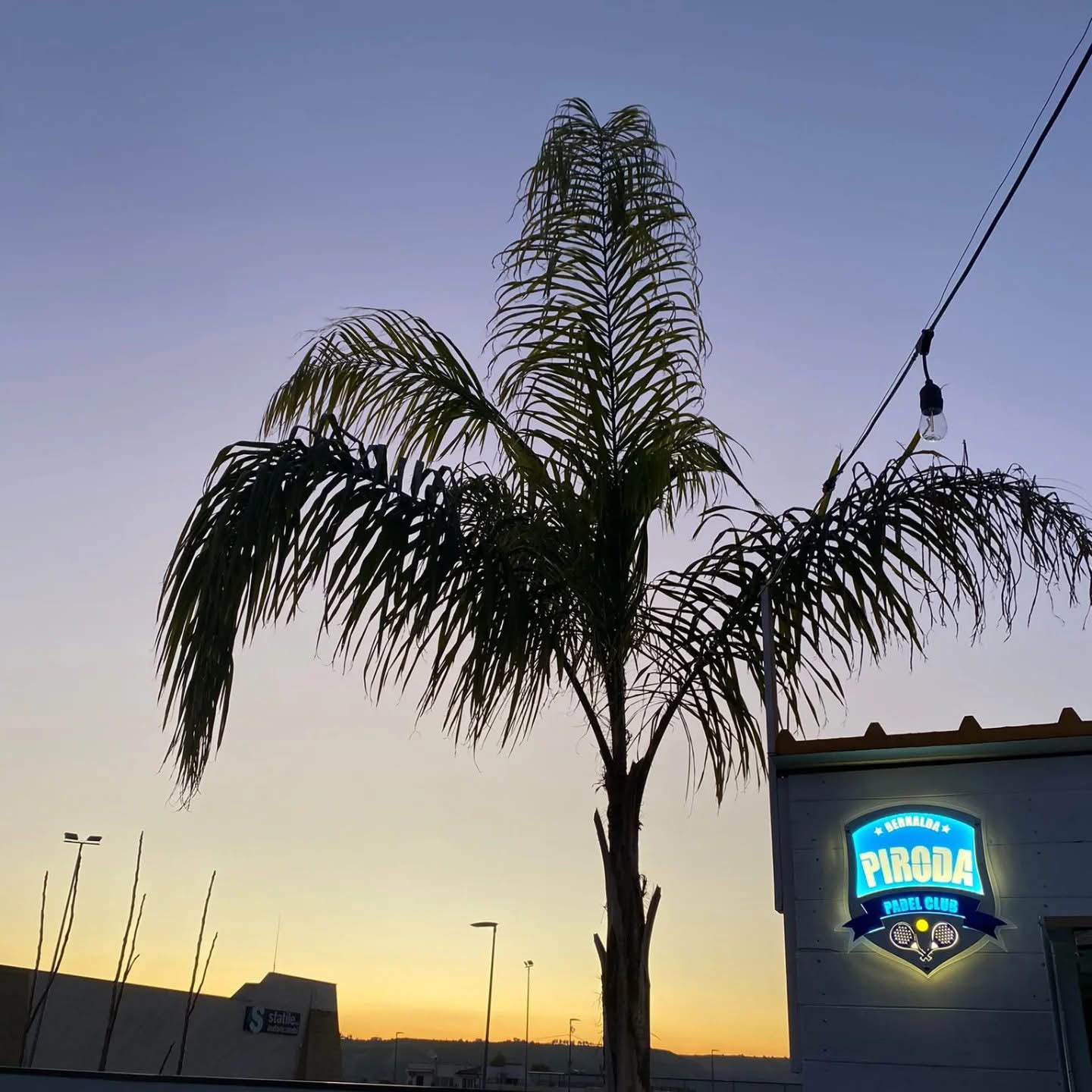Insegna luminosa Piroda Padel Club al tramonto